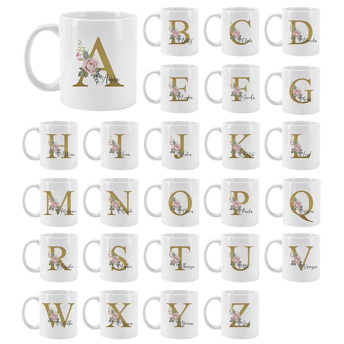 personalisierte Tasse mit Initiale, Name und Rosen-Motiv