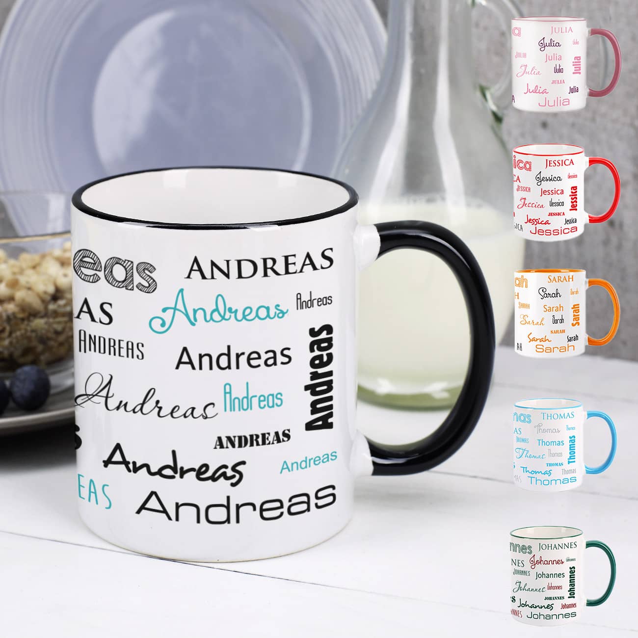 Tasse mit Name rundum bedruckt in verschiedenen Farben