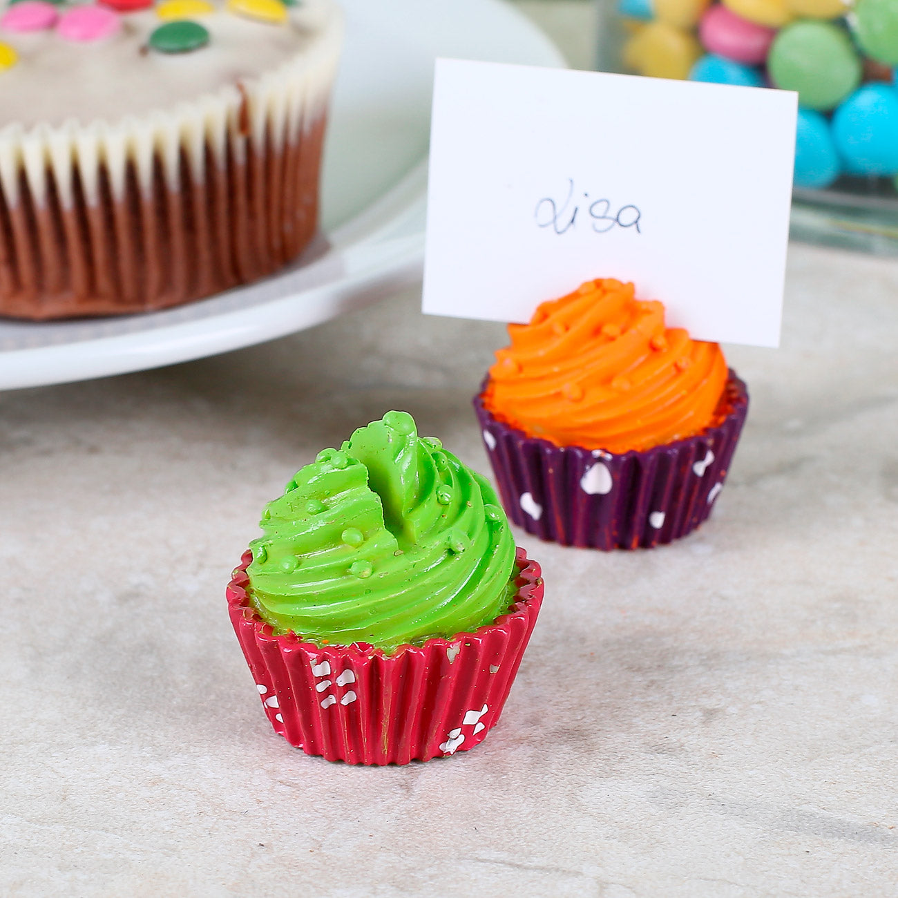 2 Tischkartenhalter in Cupcake - Form Grün/Orange