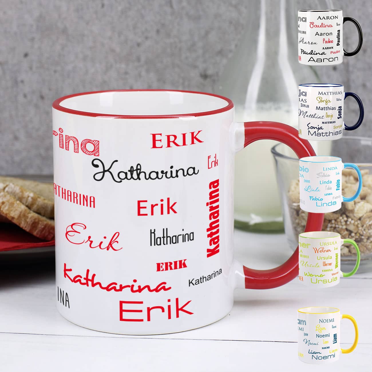 Tasse mit zwei Namen in verschiedenen Schriftarten und Farben