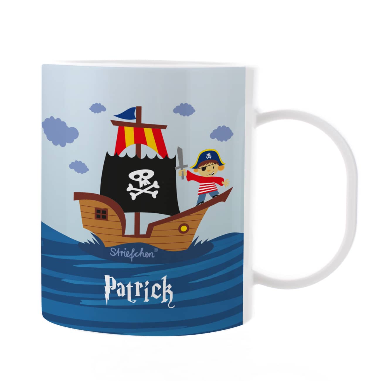 Kindertasse mit tollen Piratenschiff und Namensaufdruck