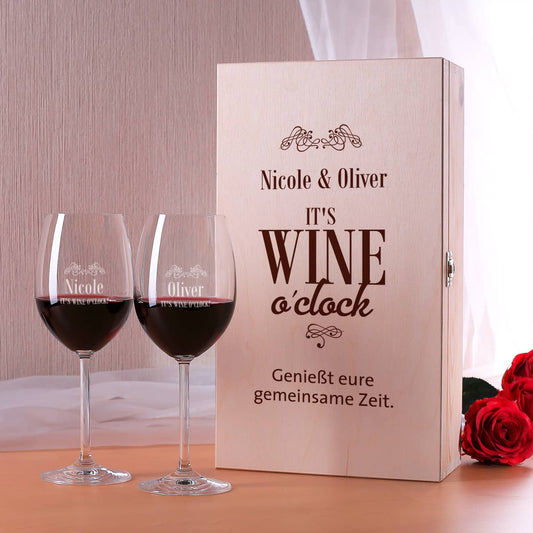 personalisiertes Geschenkset wine o´clock mit 2 Leonardo Ciao+ Weingläsern und personalisierter Geschenkbox