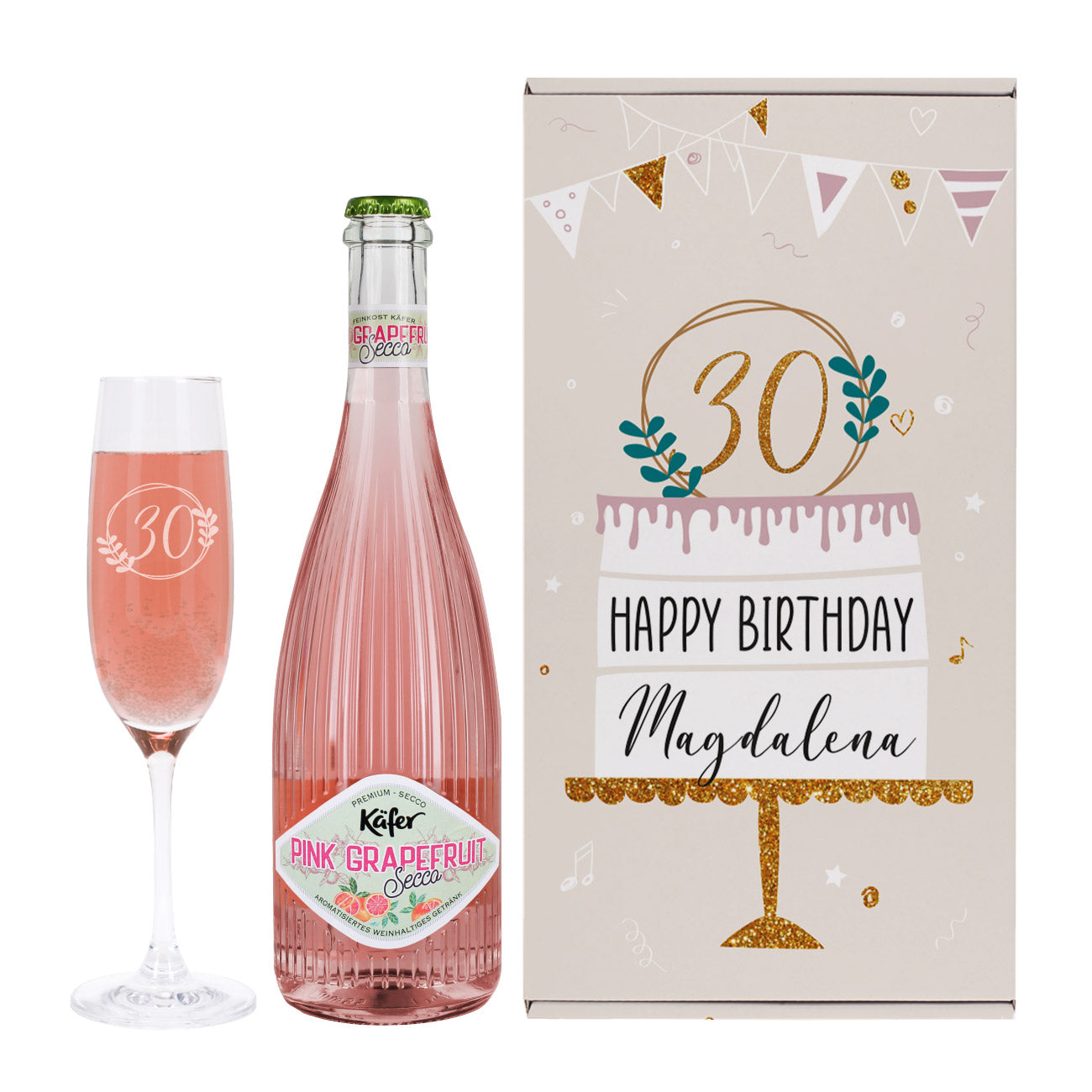 Geschenkset zum Geburtstag mit personalisierbarer Geschenkverpackung, Fruchtsecco und graviertem Sektglas