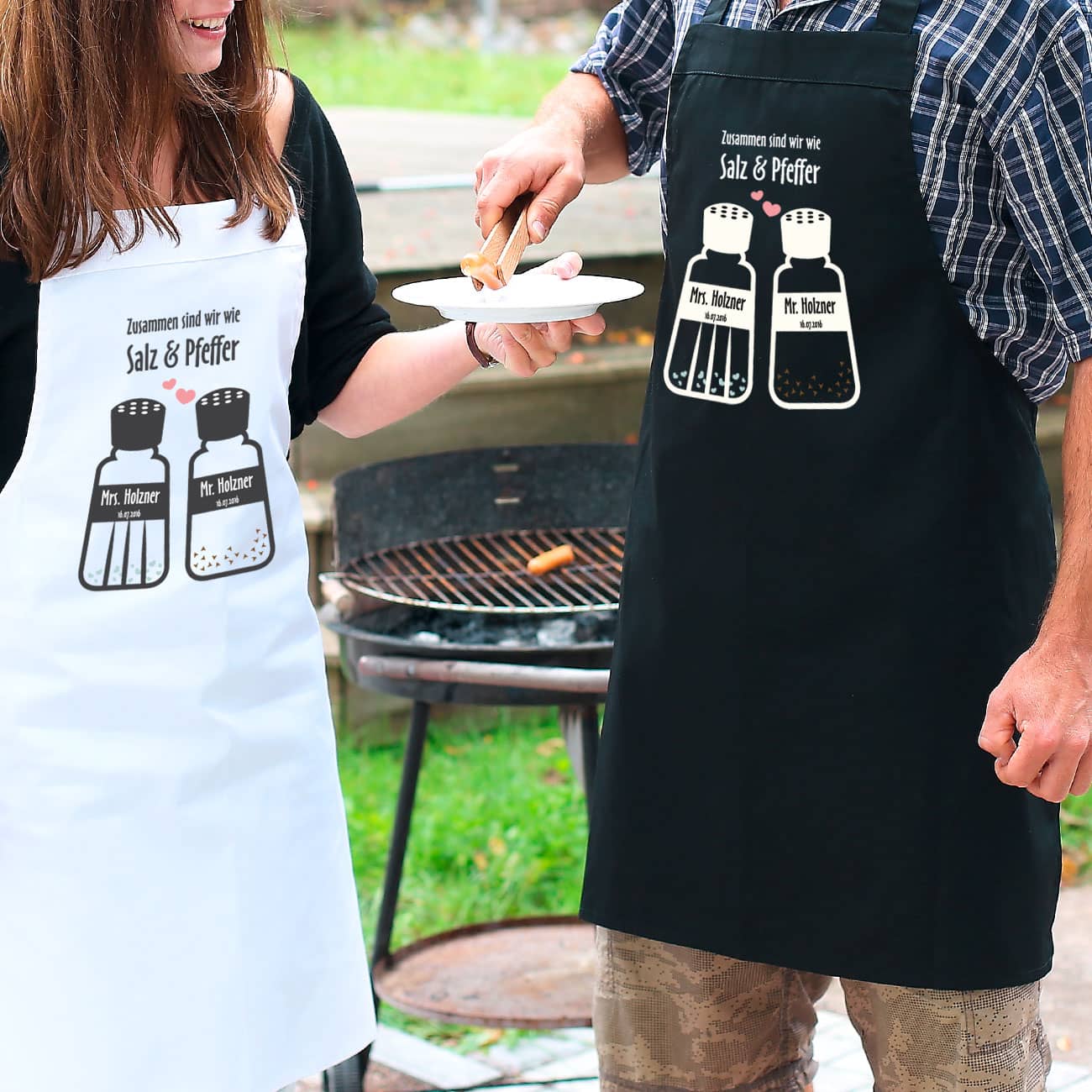 Bedruckte Grillschürzen im Set zur Hochzeit