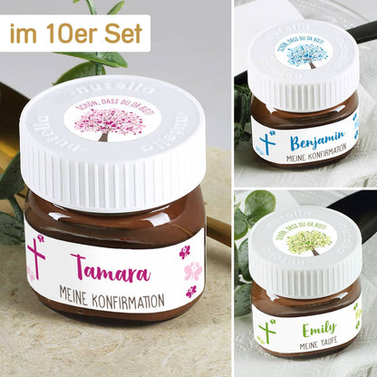 10er Set Nutella Gläser in Mini-Größe als Gastgeschenk zur Taufe, Kommunion oder Konfirmation