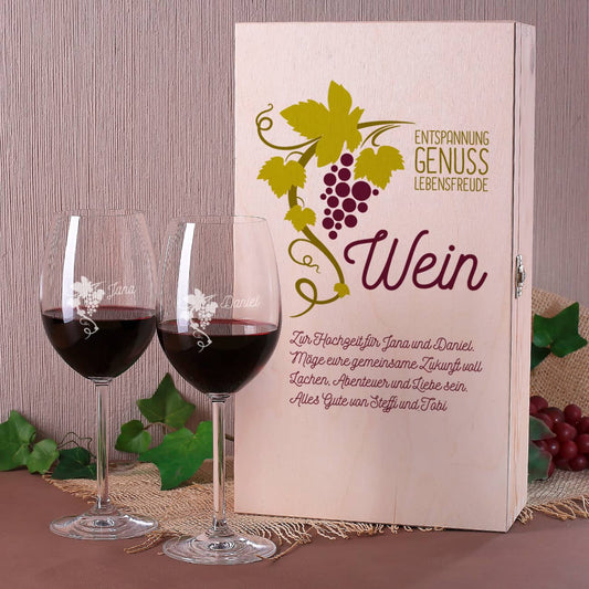 Weinbox Weinranke mit 2 gravierten Gläsern 