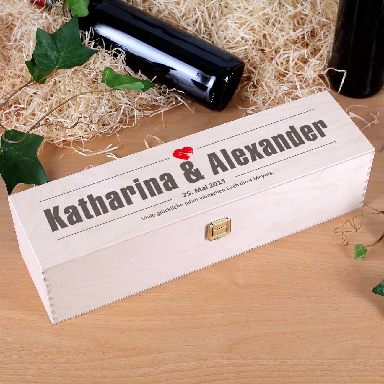 Flaschenverpackung aus Holz mit Druck zur Hochzeit