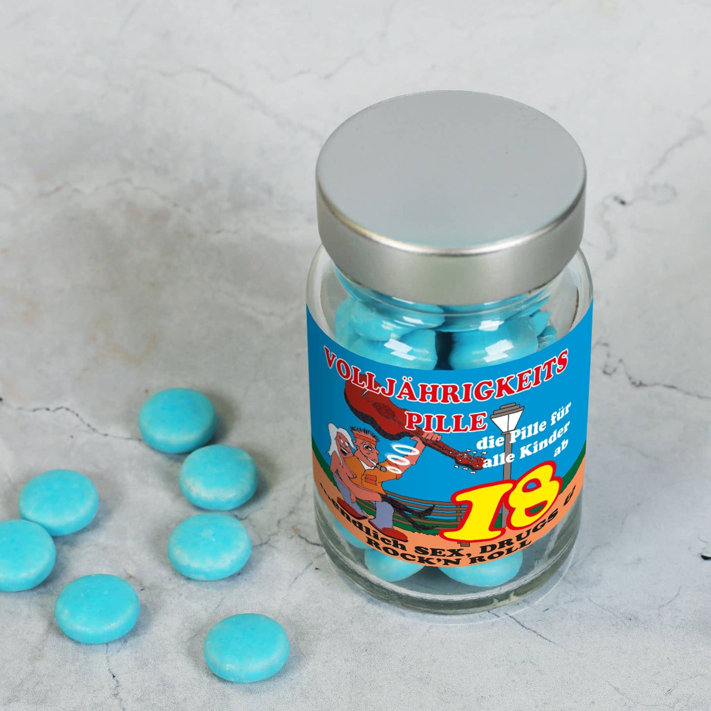 Pillenglas mit blauen Traubenzucker Pillen