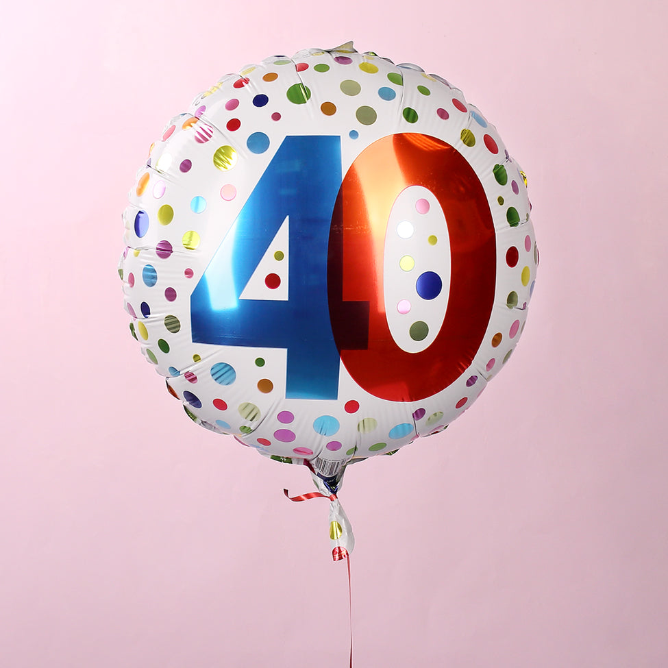 Folienballon zum 40. Geburtstag in weiß mit bunten Punkten