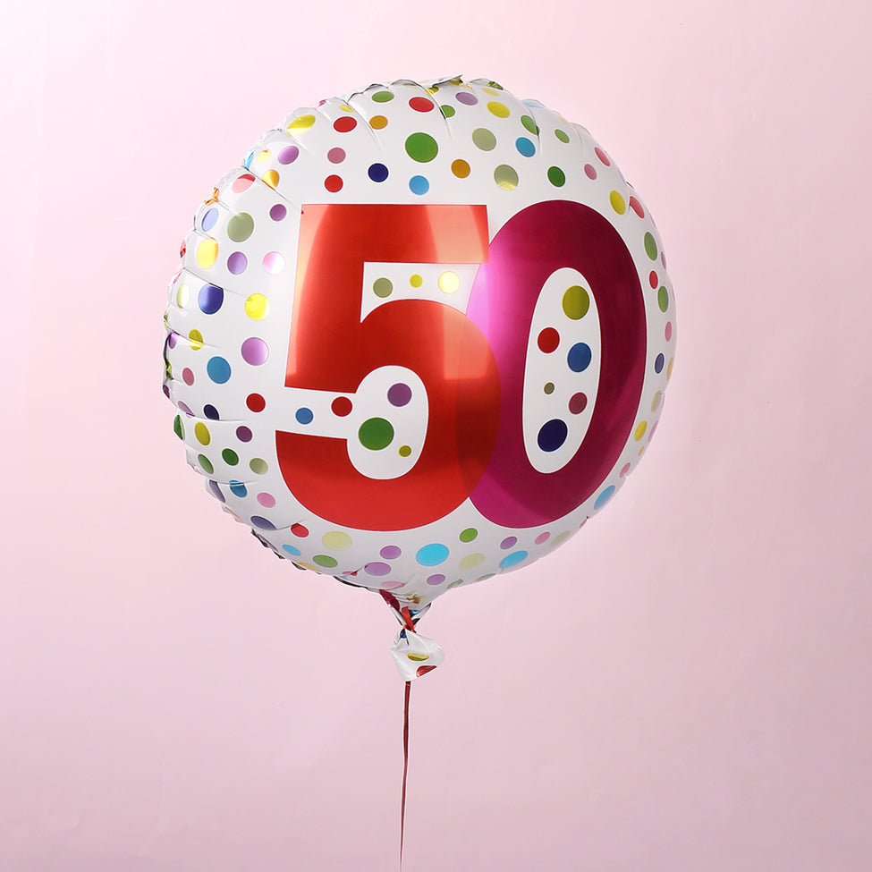 Folienballon zum 50. Geburtstag in weiß mit bunten Punkten