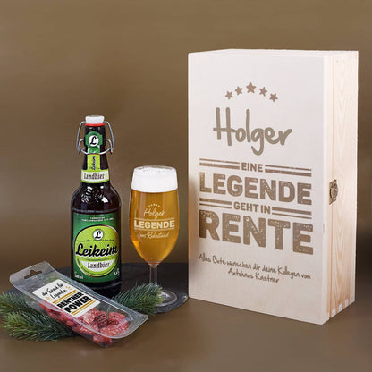 Legende in Rente - Geschenkset zum Ruhestand mit Bier, Glas und Snack