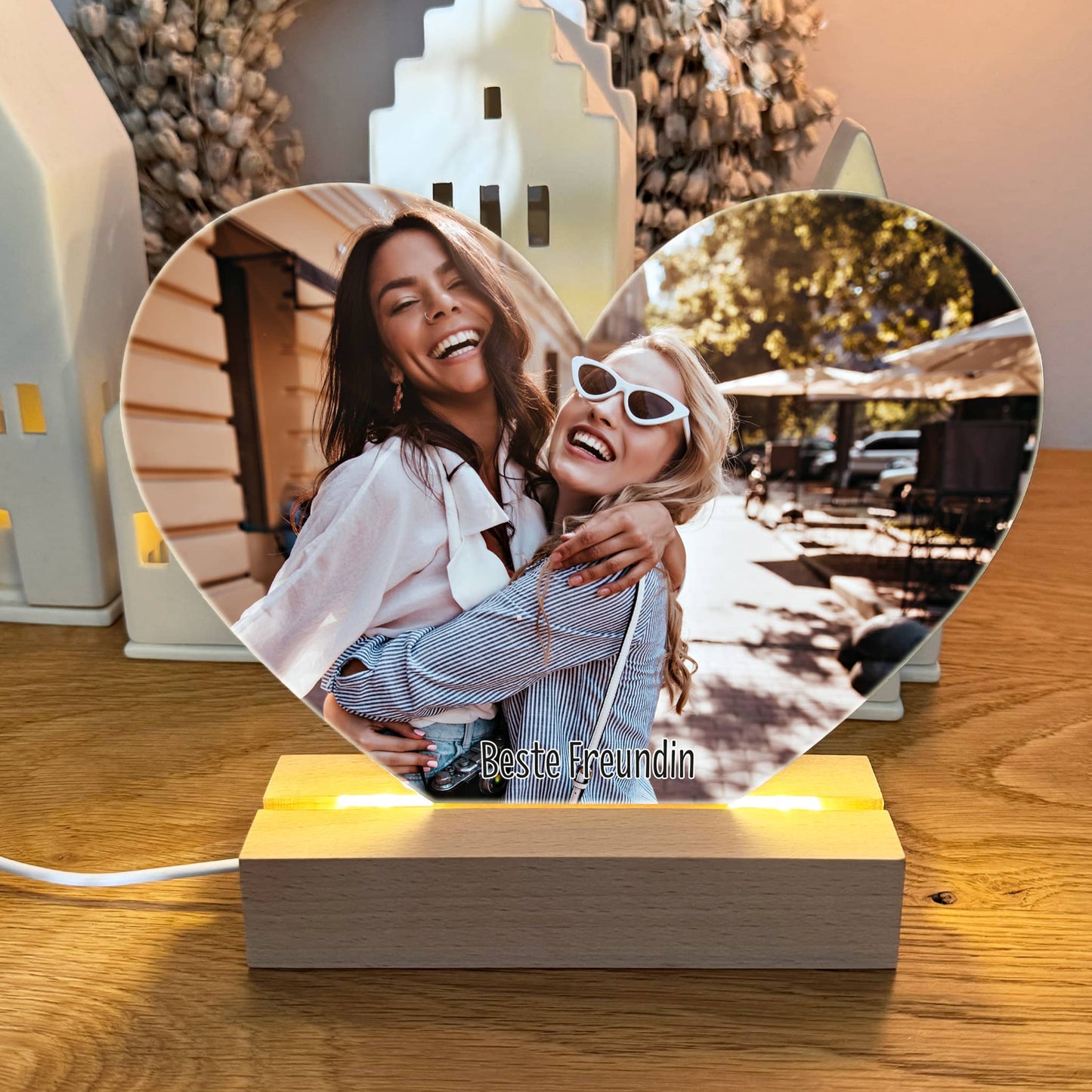 Herz Acrylglas beleuchtet mit Holzsockel und Foto bedruckt