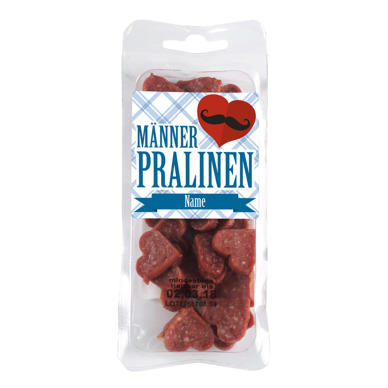 Männerpralinen mit Namensetikett beklebt