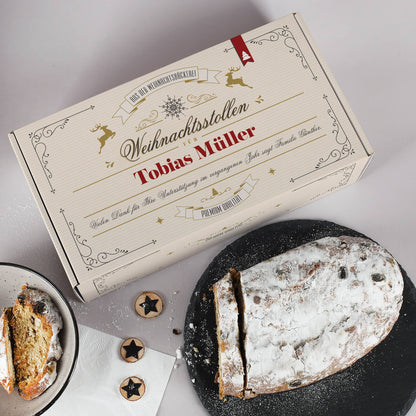 1000 g weihnachtlicher Stollen in festlichem Geschenkkarton mit Name & Wunschtext