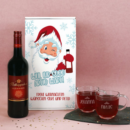 Geschenkset zu Weihnachten mit Glühwein, zwei Glühweingläser und Geschenkbox