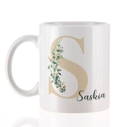 Tasse Name & Initiale mit Eukalyptus-Motiv