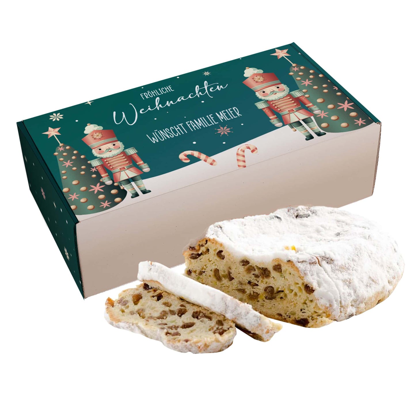 Weihnachtsstollen mit persönlicher Verpackung im Nussknacker Motiv