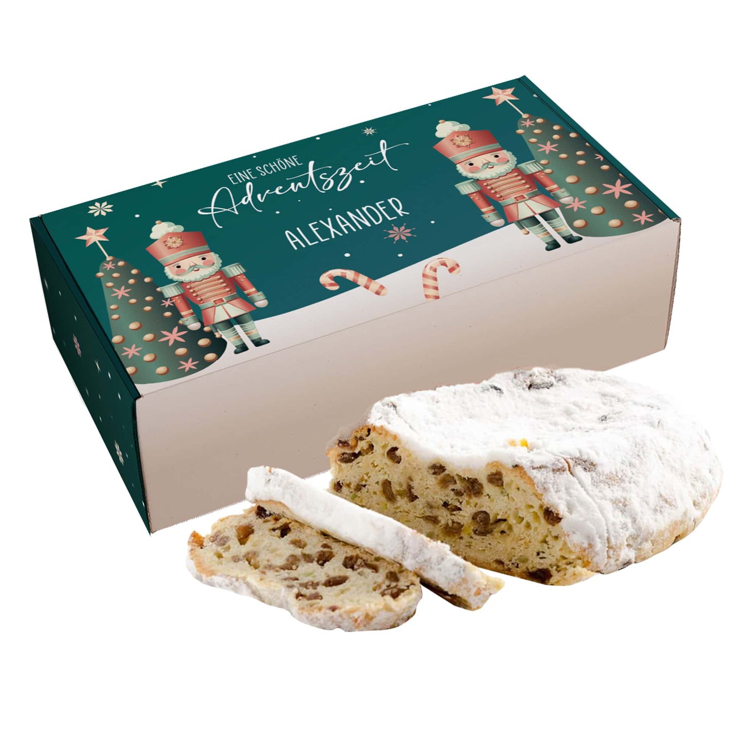 Weihnachtsstollen mit  personalisierter Verpackung im Nussknacker Motiv