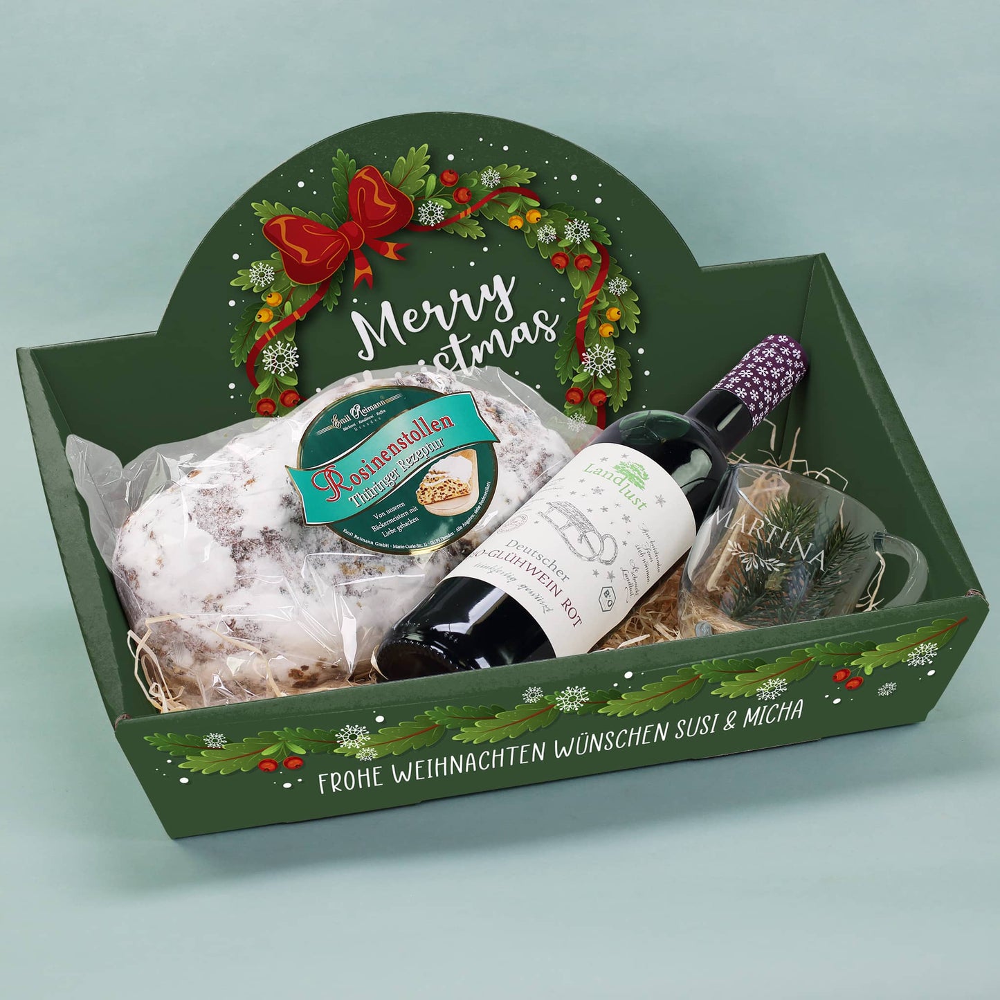 Persönliches Geschenkset mit Stollen, Glühwein und Glühweinglas