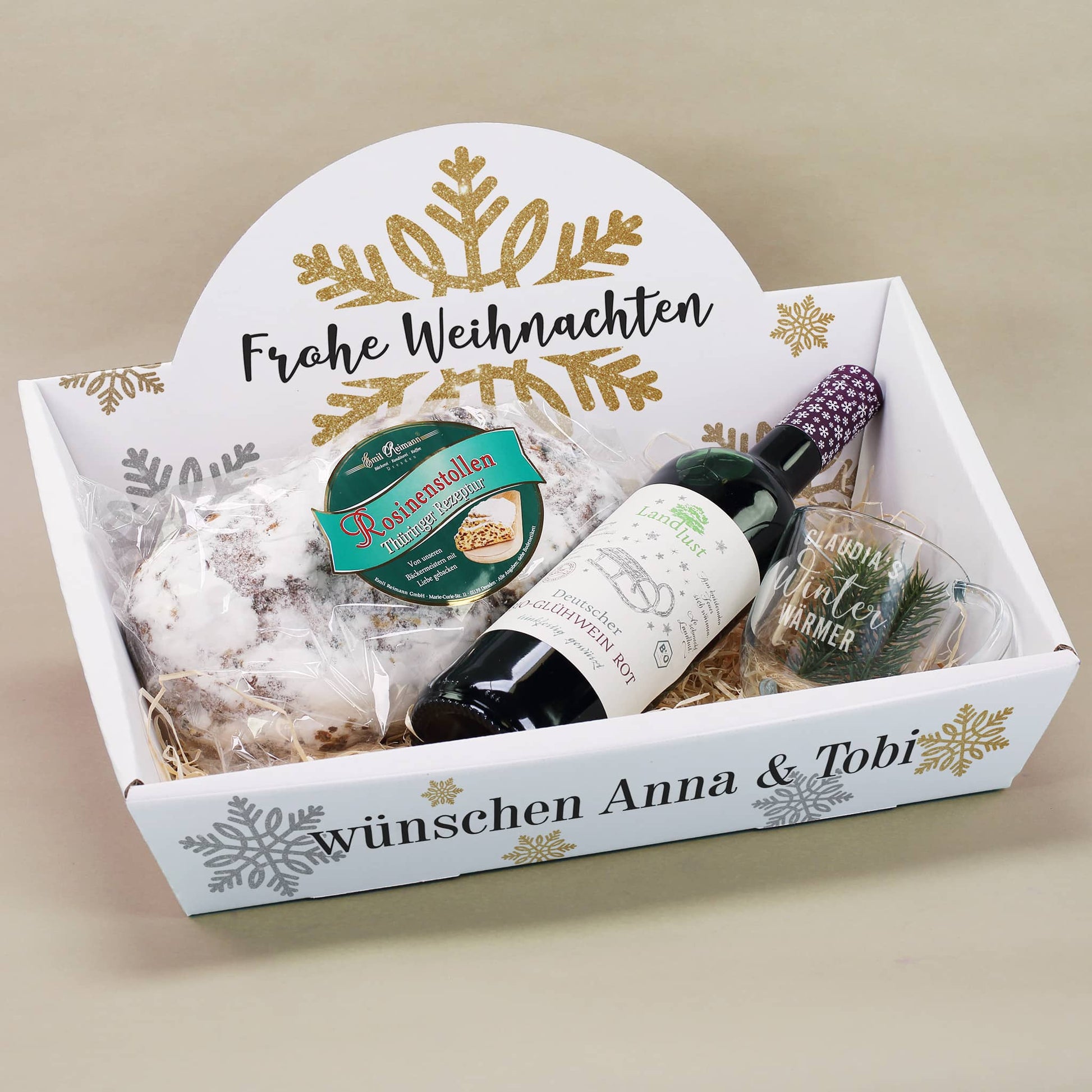 Persönliches Geschenkset mit Stollen, Glühwein und Glühweinglas