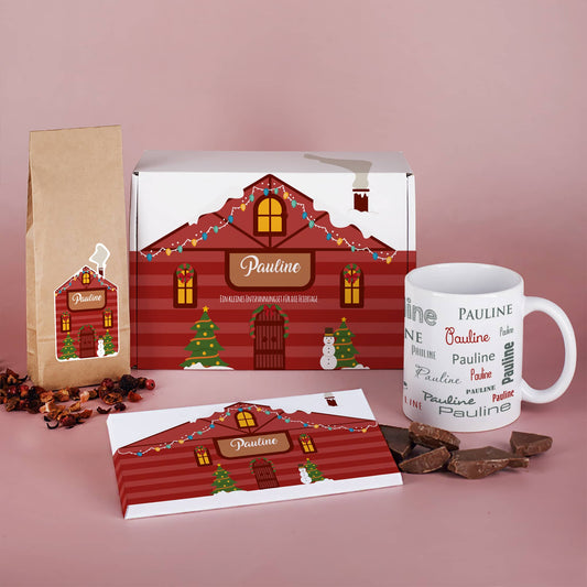 Tee Geschenkset zu Weihnachten mit Geschenkbox, Tasse mit Namensaufdruck & Tee