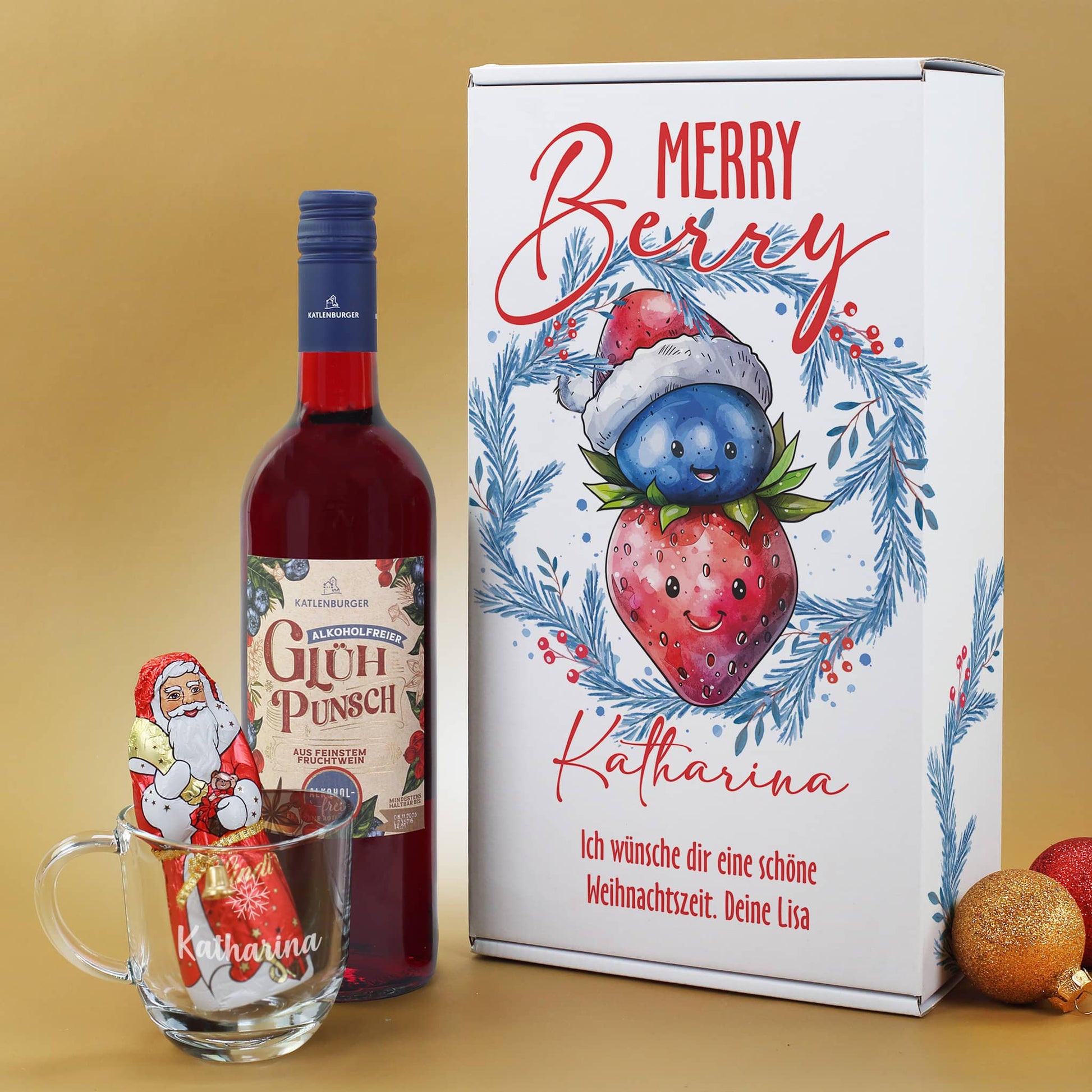 Alkoholfreier Glühpunsch "Merry Berry" in Geschenkset mit Box, Schokoweihnachtsmann & gravierte Glastasse