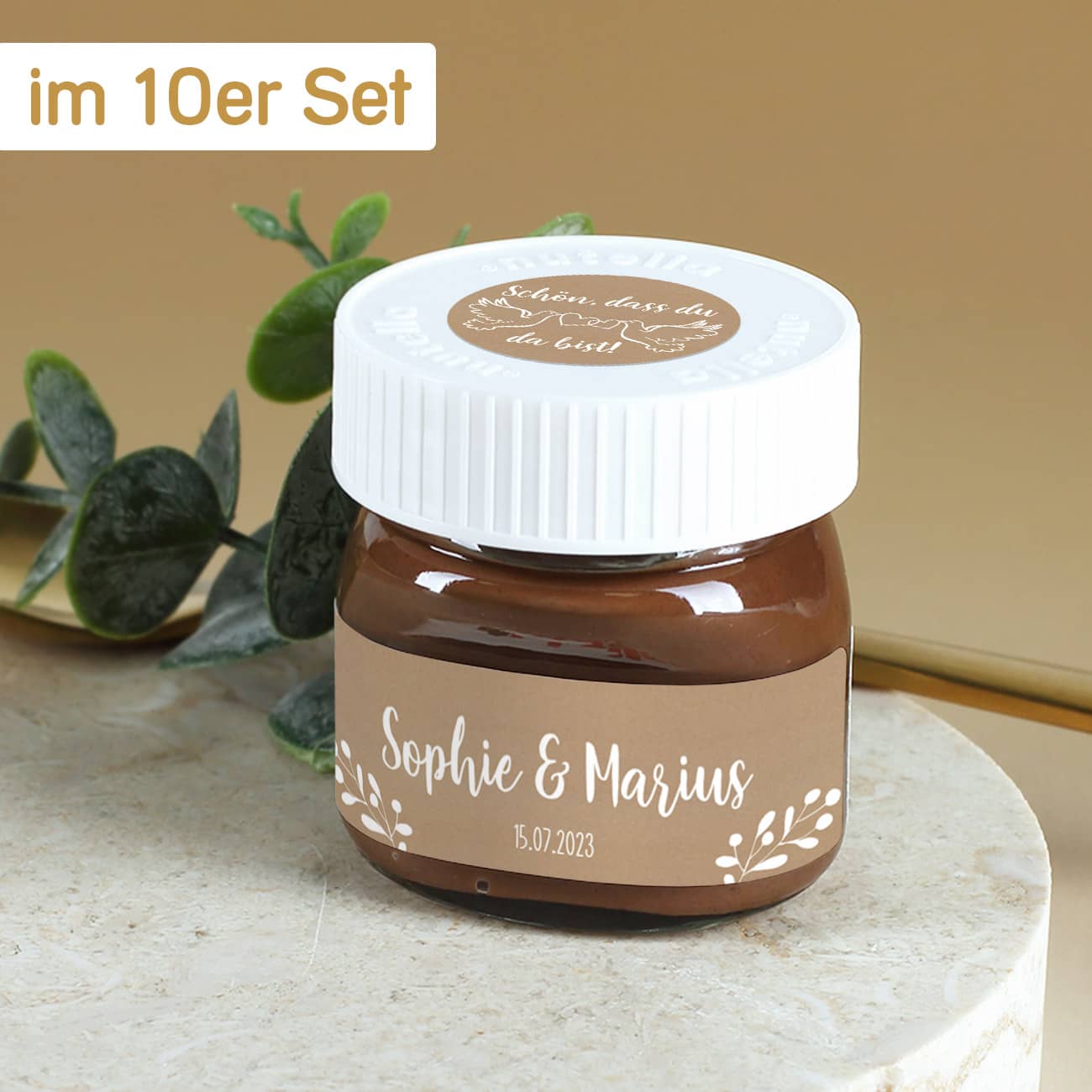 10er Set Nutella Gläser mit personalisiertem Etikett als Gastgeschenk zur Hochzeit