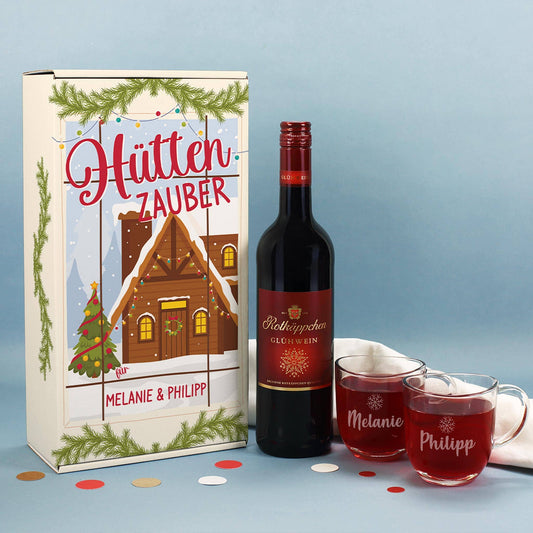 Geschenkset mit Glühwein, gravierten Gläsern und personalisierter Geschenkbox zu Weihnachten