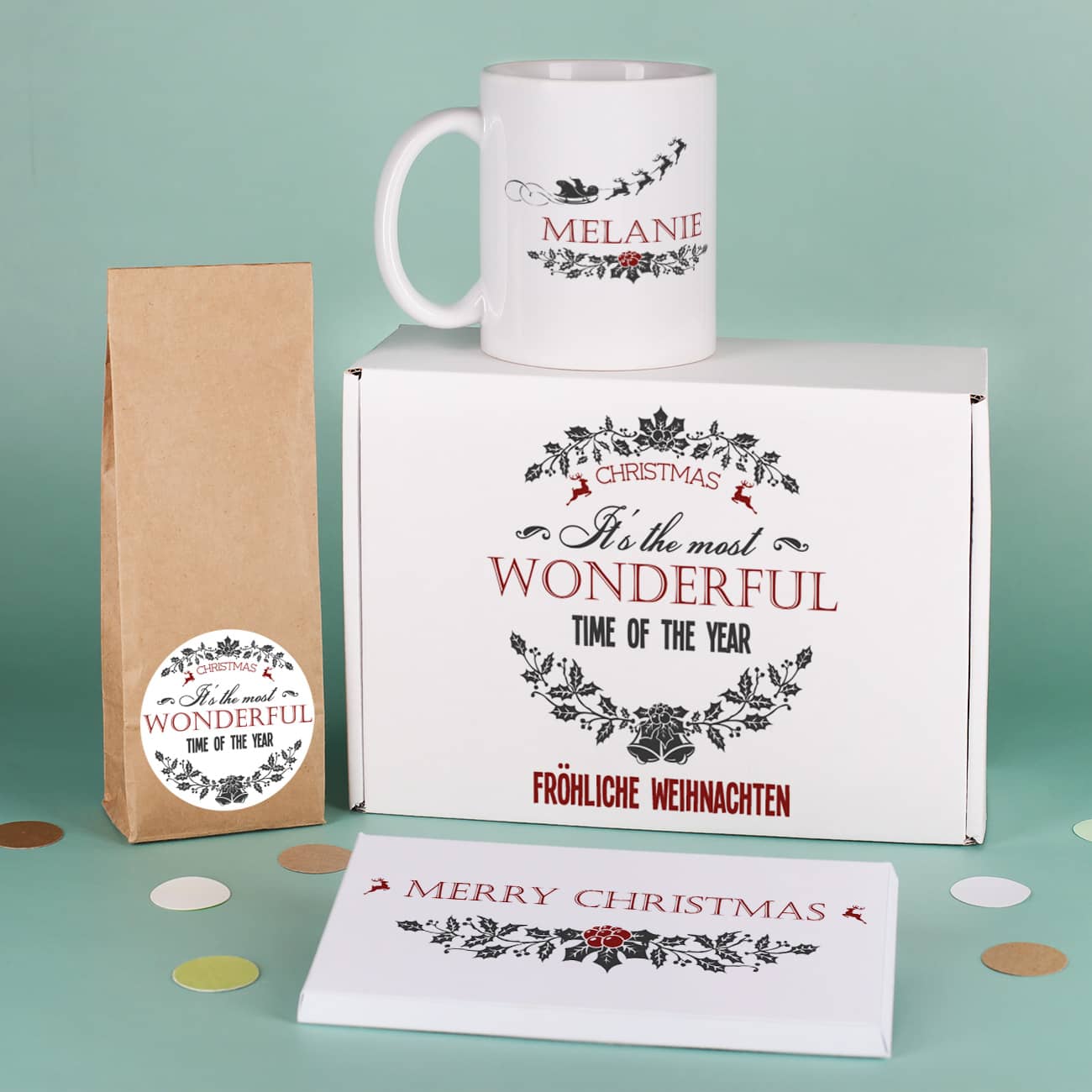 Geschenkset mit Tee, Tasse, Schokolade und Box