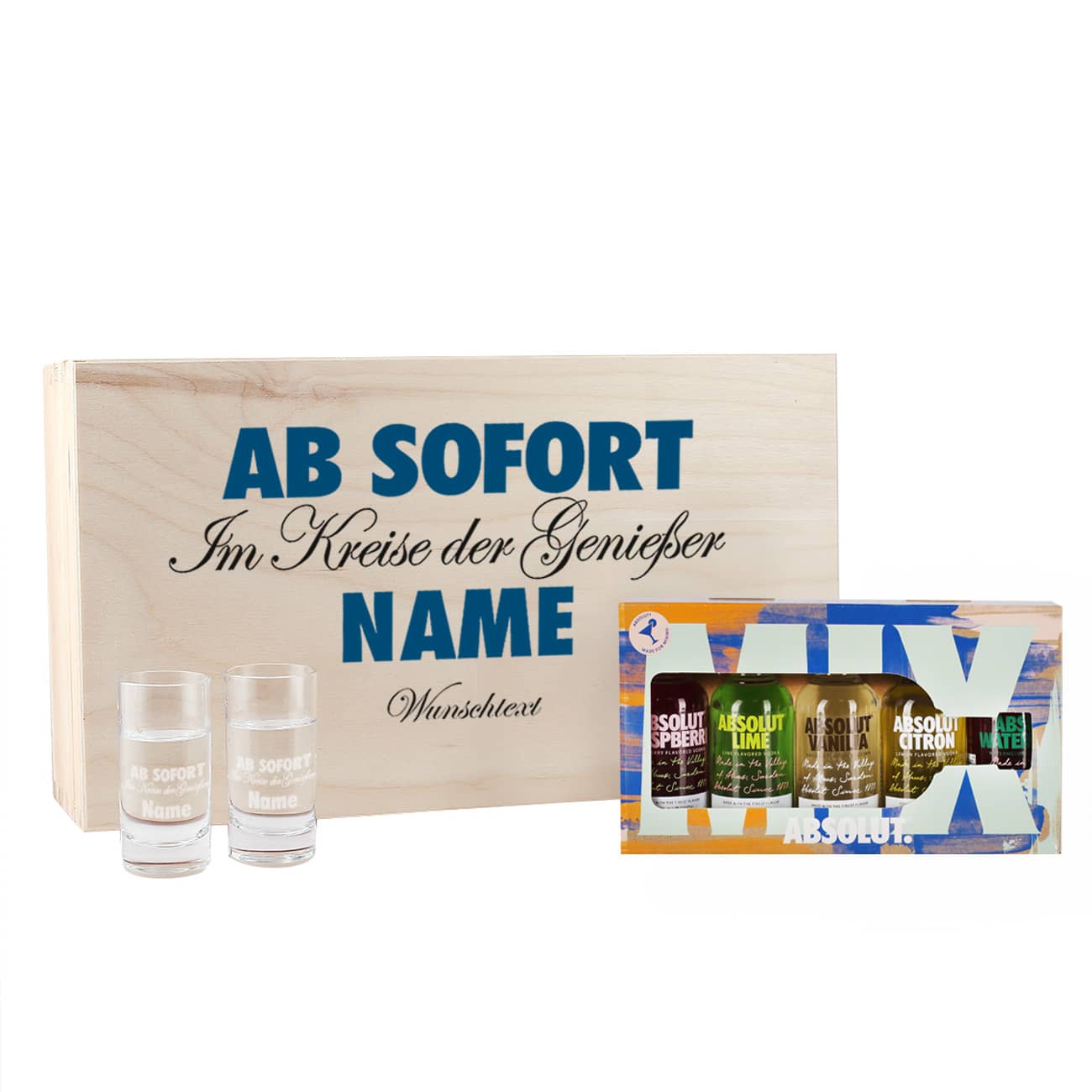 Geschenk-Set aus 5 Vodka-Flaschen der schwedischen Marke Absolut und 2 gravierte Schnapsgläser