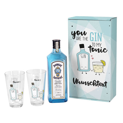 Gin-Set mit zwei Gläsern in bedruckter Verpackung