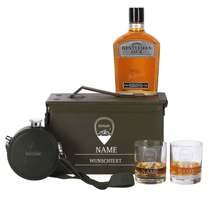 Edles Whisky-Geschenkset in original Munitionsbox mit gravierten Whiskygläsern und Feldflasche