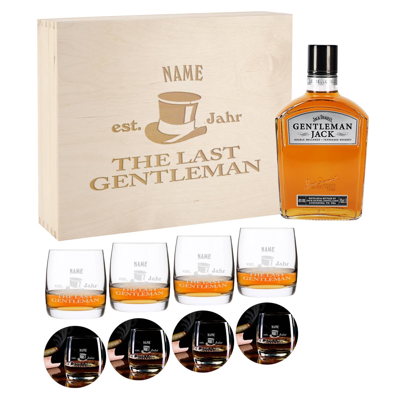 Geschenk-Set Whisky Gentleman Jack mit 4 gravierten Whiskygläsern und 4 bedruckten Untersetzern