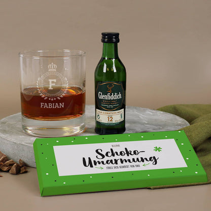 Whisky-Geschenkset zum Abschied mit Whiskeyglas, Glenfiddich und Schokolade