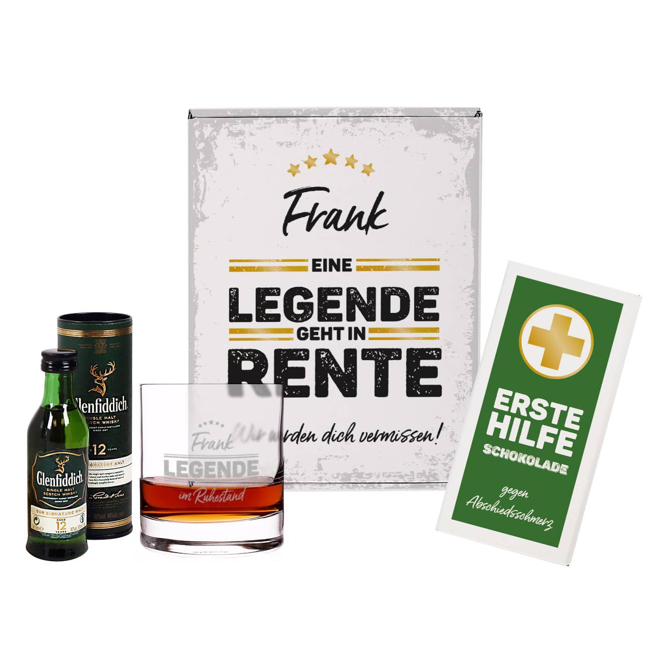 Legende in Rente Whisky-Geschenkset mit Glenfiddich, graviertem Glas und Schokolade