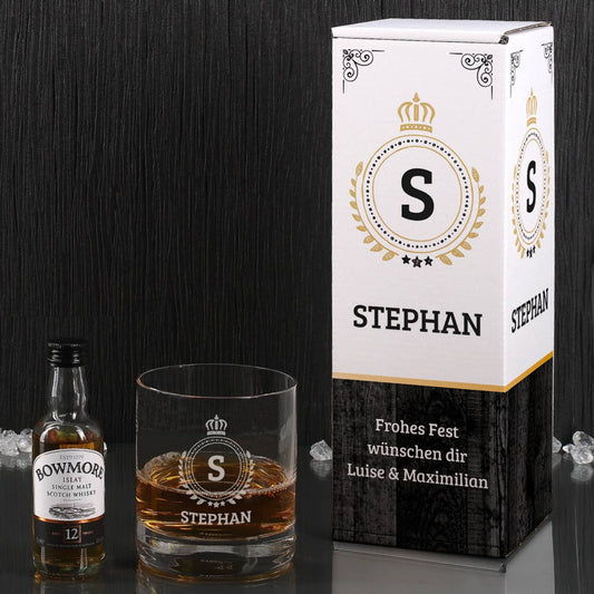 Bowmore Geschenk-Set mit graviertem Glas und 1 Miniatur-Flasche Bowmore 12 Jahre