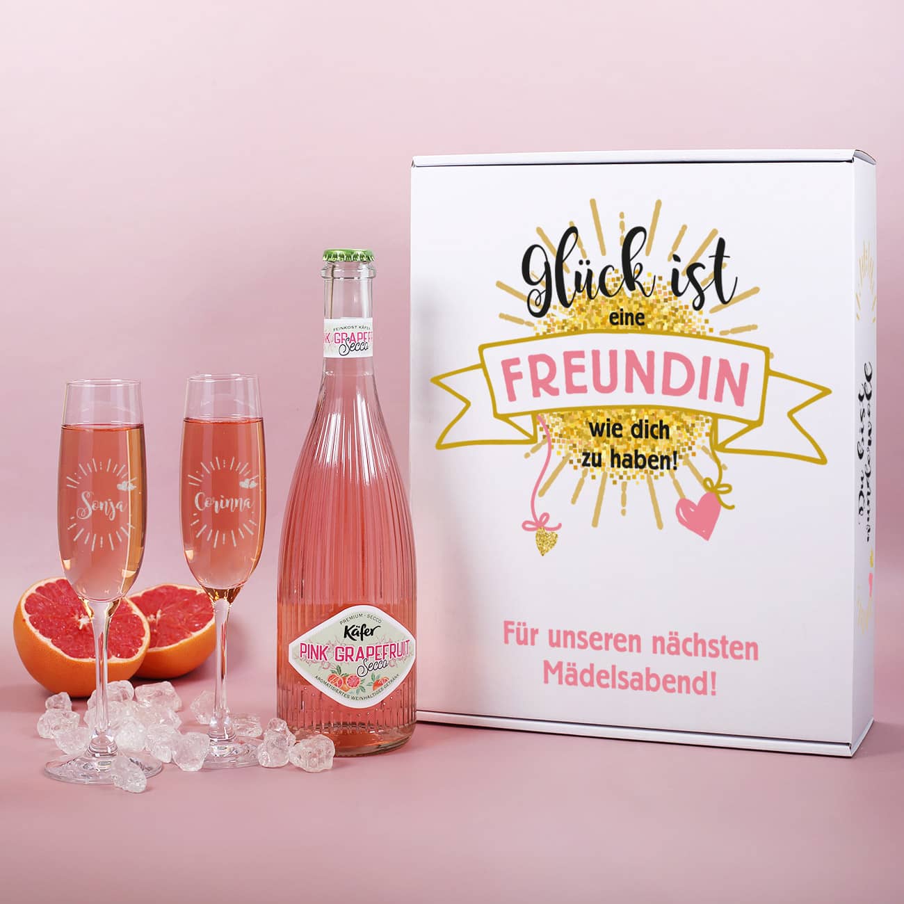 Geschenkset mit gravierten Sektgläsern im 2er Set, Grapefruit Secco und einer bedruckten Pappbox für die beste Freundin als Geschenkverpackung 