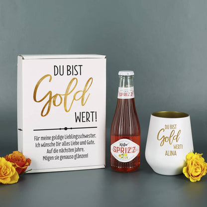 Geschenkset mit Käfer Sprizz, Trinkglas und einer Geschenkverpackung aus Pappe