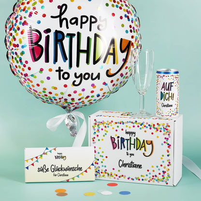 Happy Birthday Geschenkset aus Secco, Schokolade und Folienballon