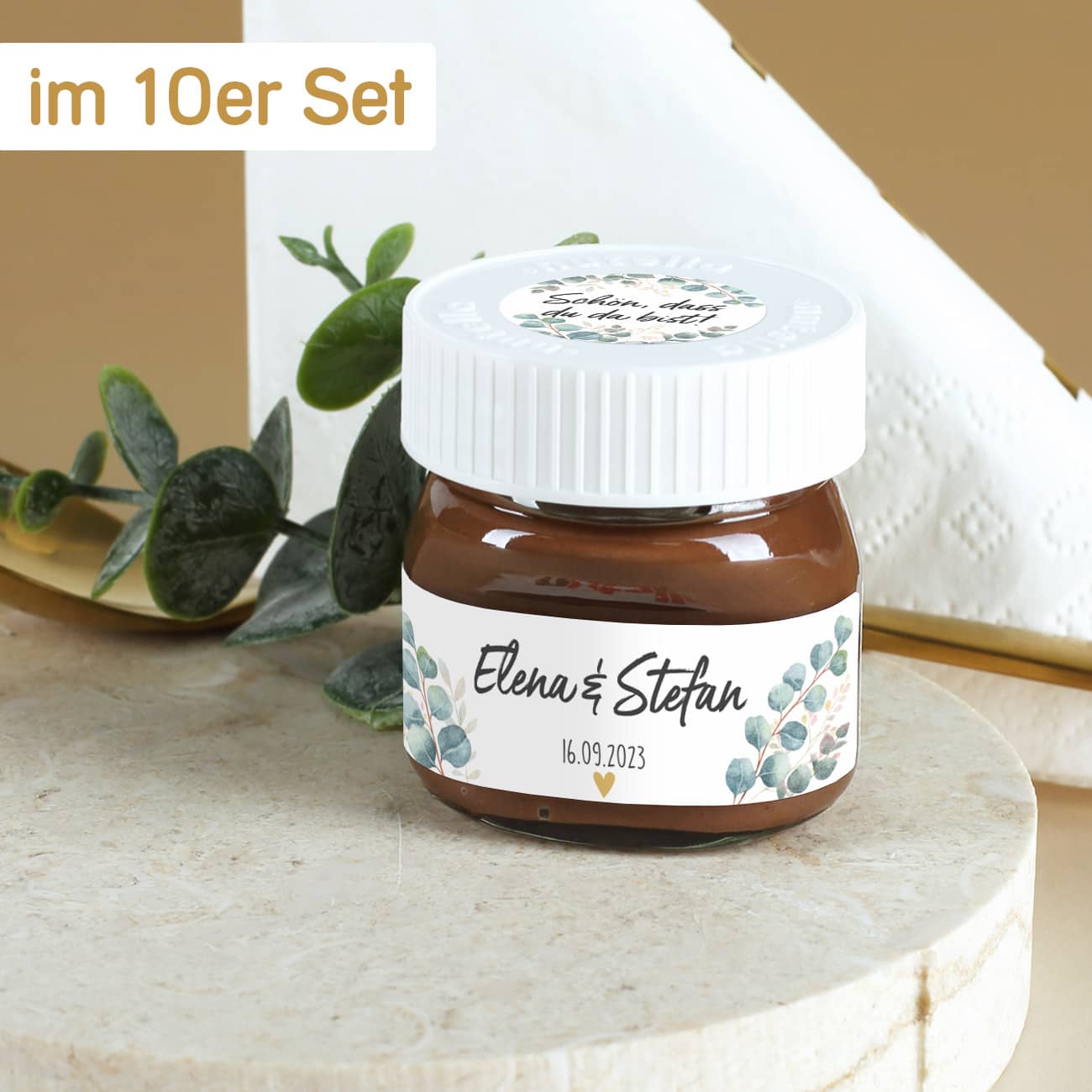 10er Set Nutella Gläser mit personalisiertem Etikett als Gastgeschenk zur Hochzeit