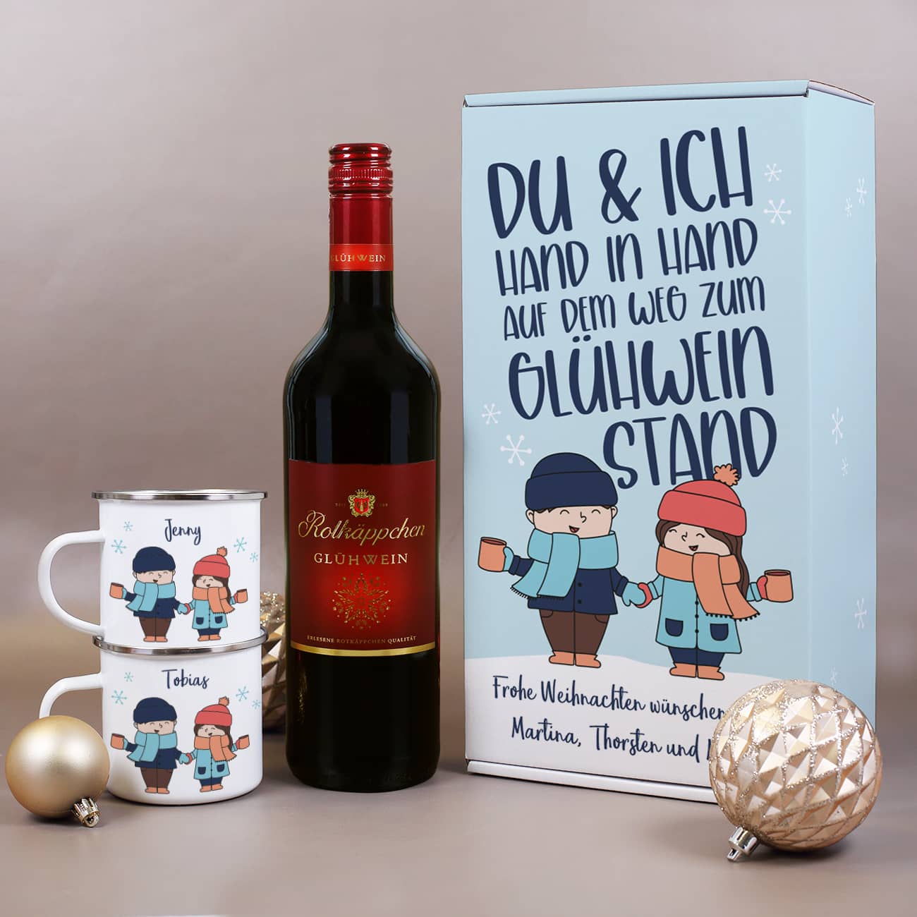 Glühwein Set mit zwei Emailletassen, einer Geschenkbox und einer 0,75l Flasche Glühwein