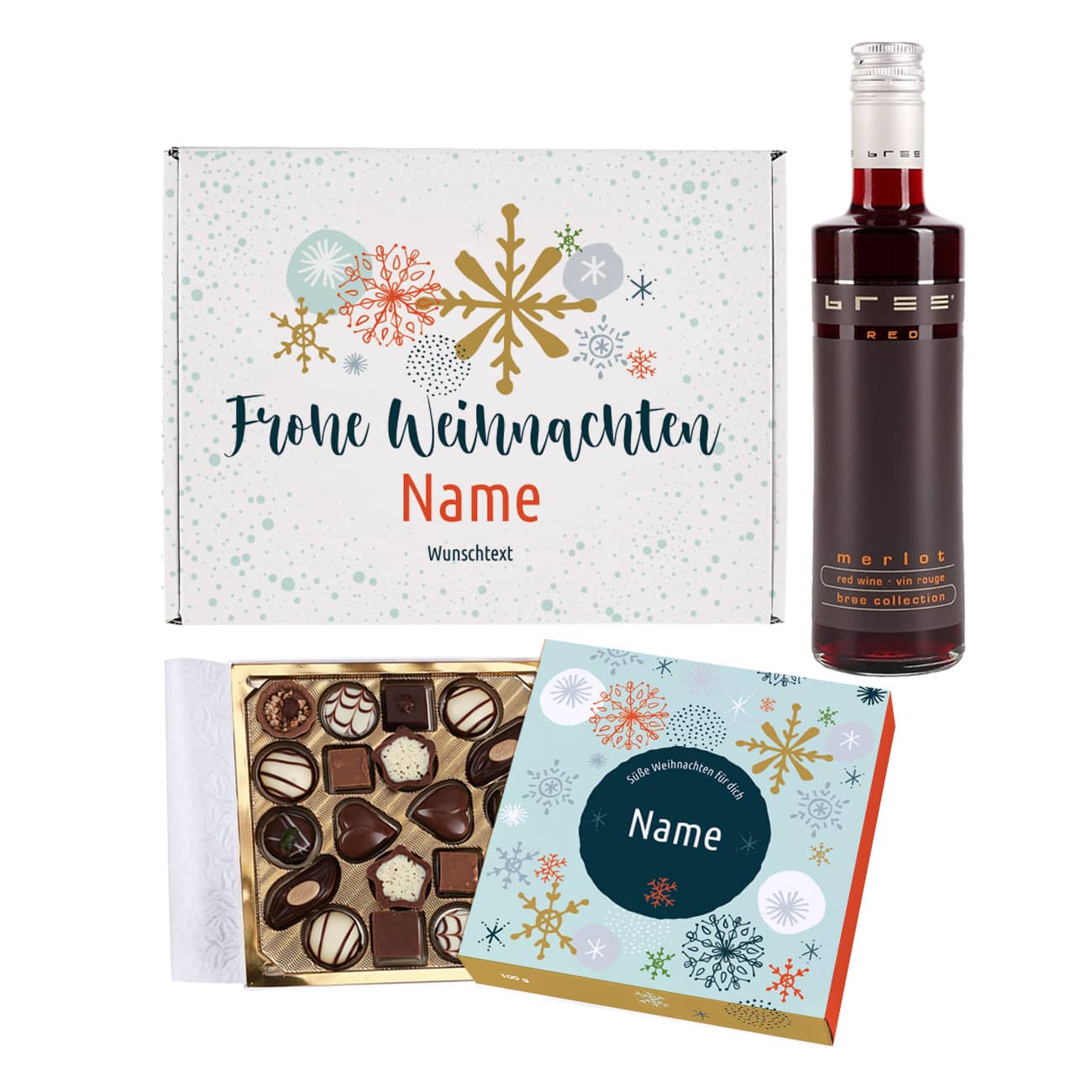 Geschenkset zu Weihnachten mit Lindt Pralinen und Bree Wein in Geschenkbox mit Name und Text