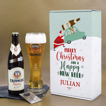 Erdinger Bier-Geschenkset zu Weihnachten, mit graviertem Glas, Weißbier und Flaschenöffner