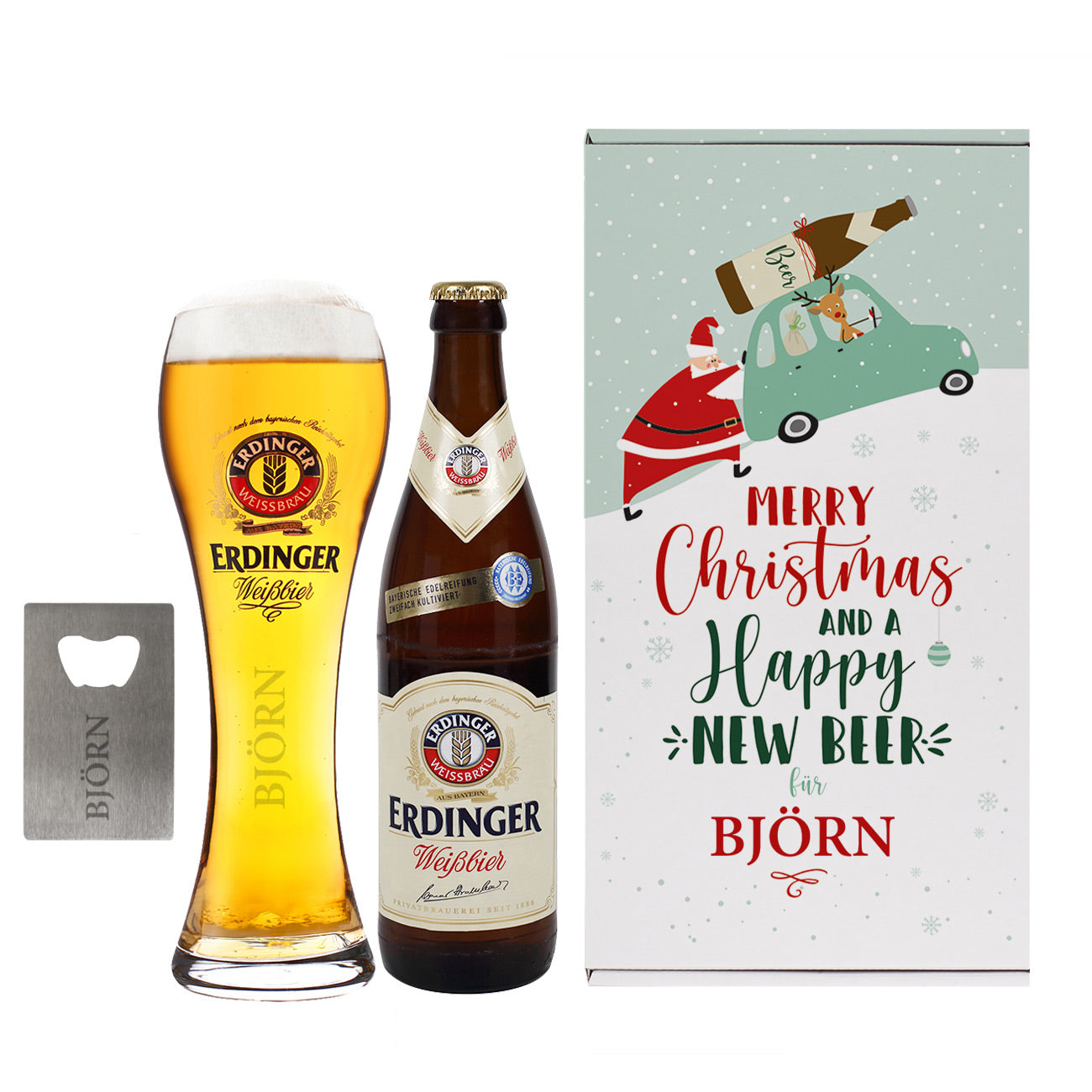 Erdinger Bier-Geschenkset zu Weihnachten, mit graviertem Weißbierglas, Bierflasche und Flaschenöffner