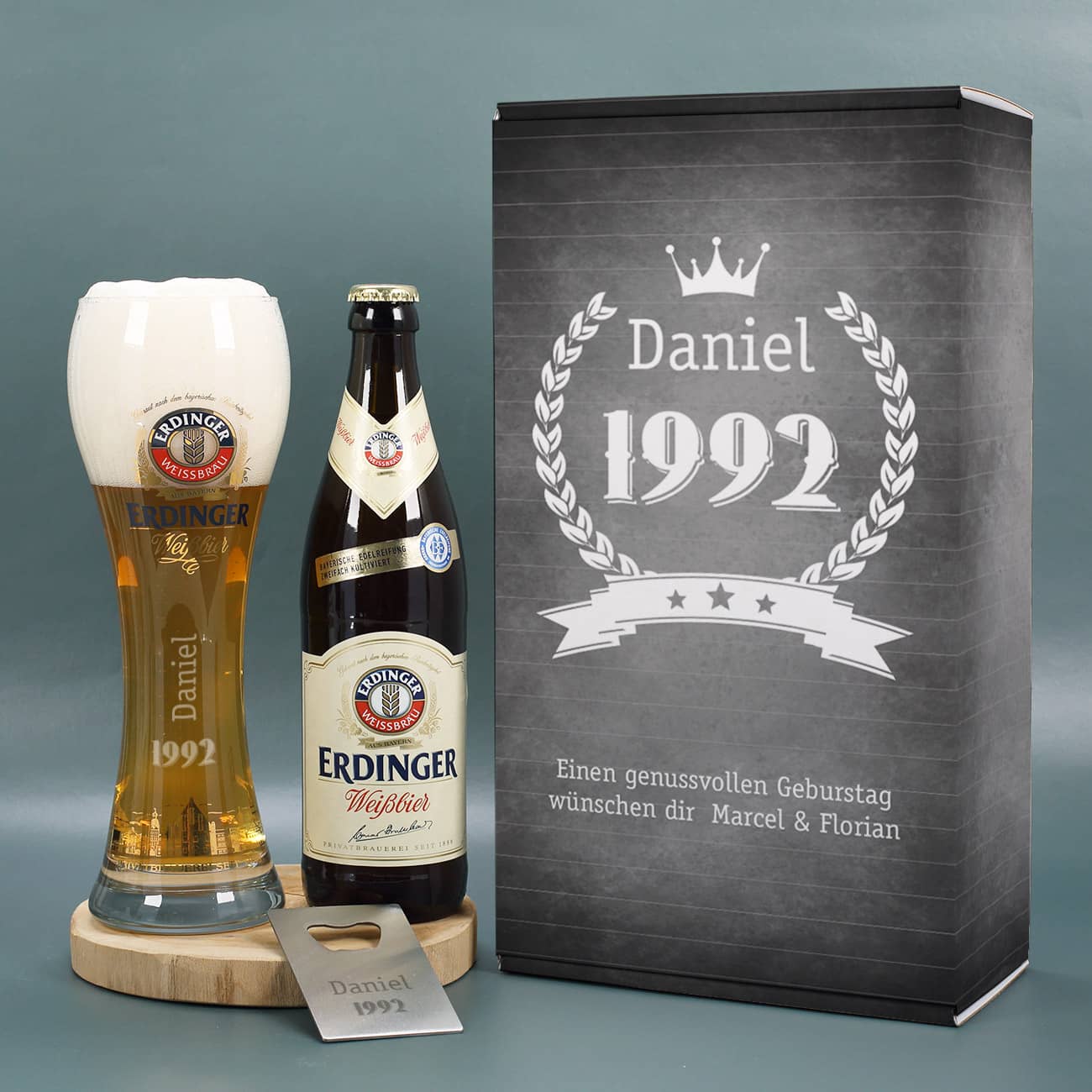 Erdinger Bier-Geschenkset zum Geburtstag mit graviertem Glas, Weißbier und Öffner