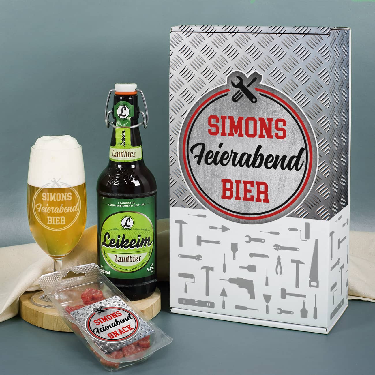 Bier-Geschenkset Feierabendbier mit graviertem Glas & Snack