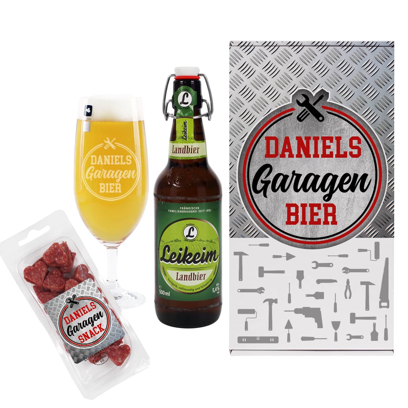 Bier-Geschenkset Garagenbier und mehr, mit graviertem Glas & Snack