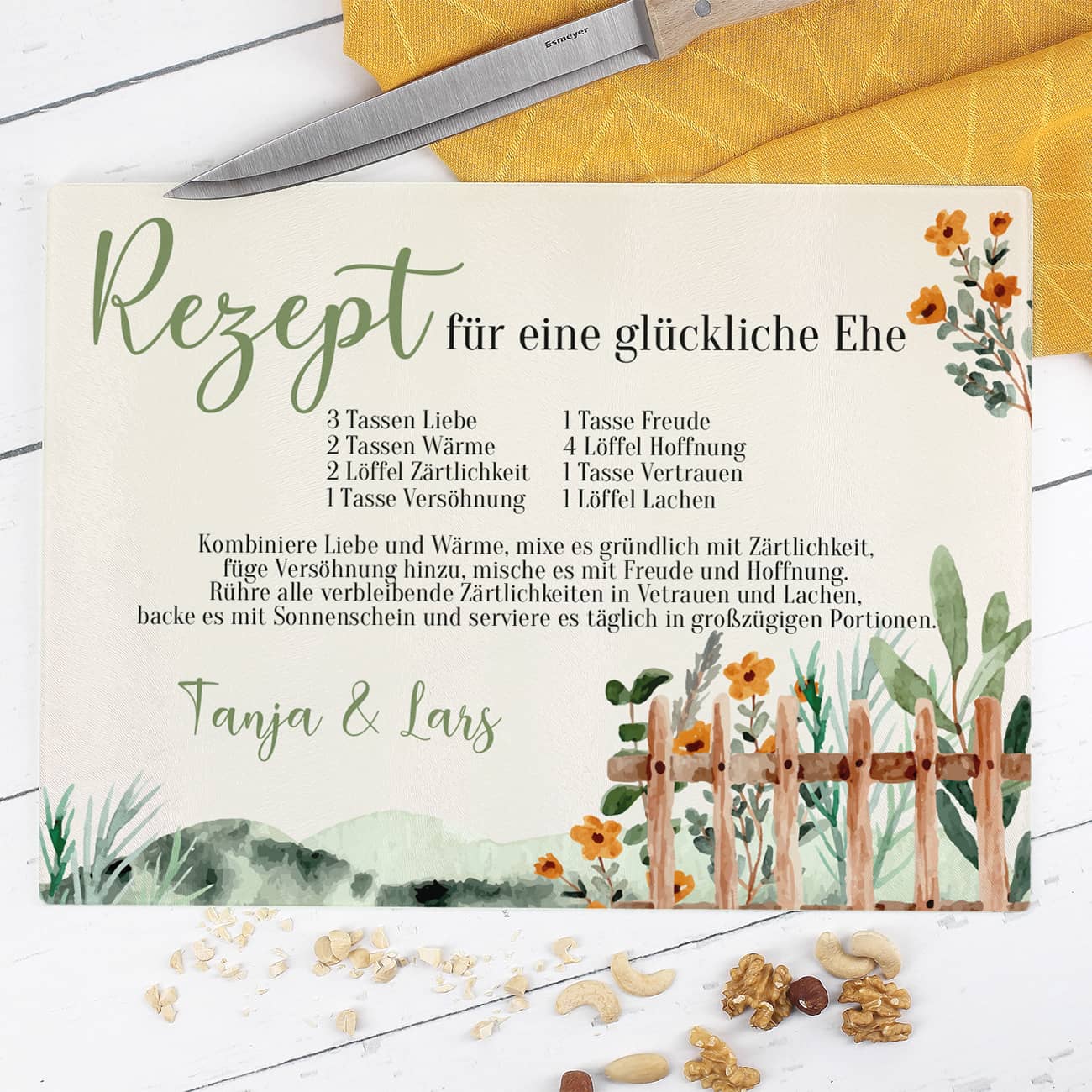 Schneidebrettchen aus Glas zur Hochzeit mit Blumen Watercolor Motiv bedruckt