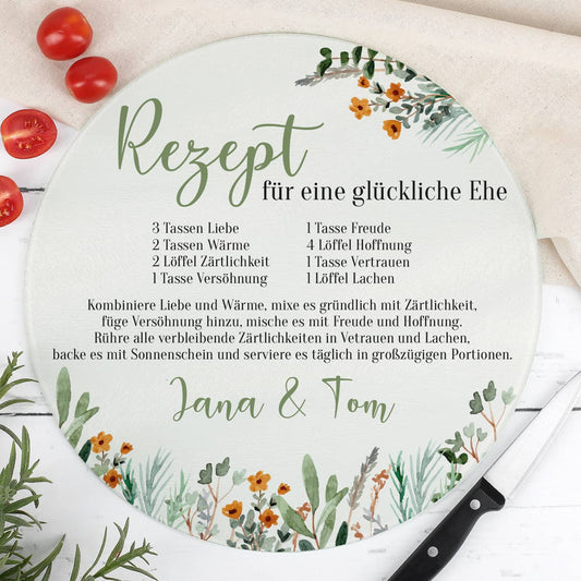 Rundes Glasbrettchen mit Rezept für eine glückliche Ehe