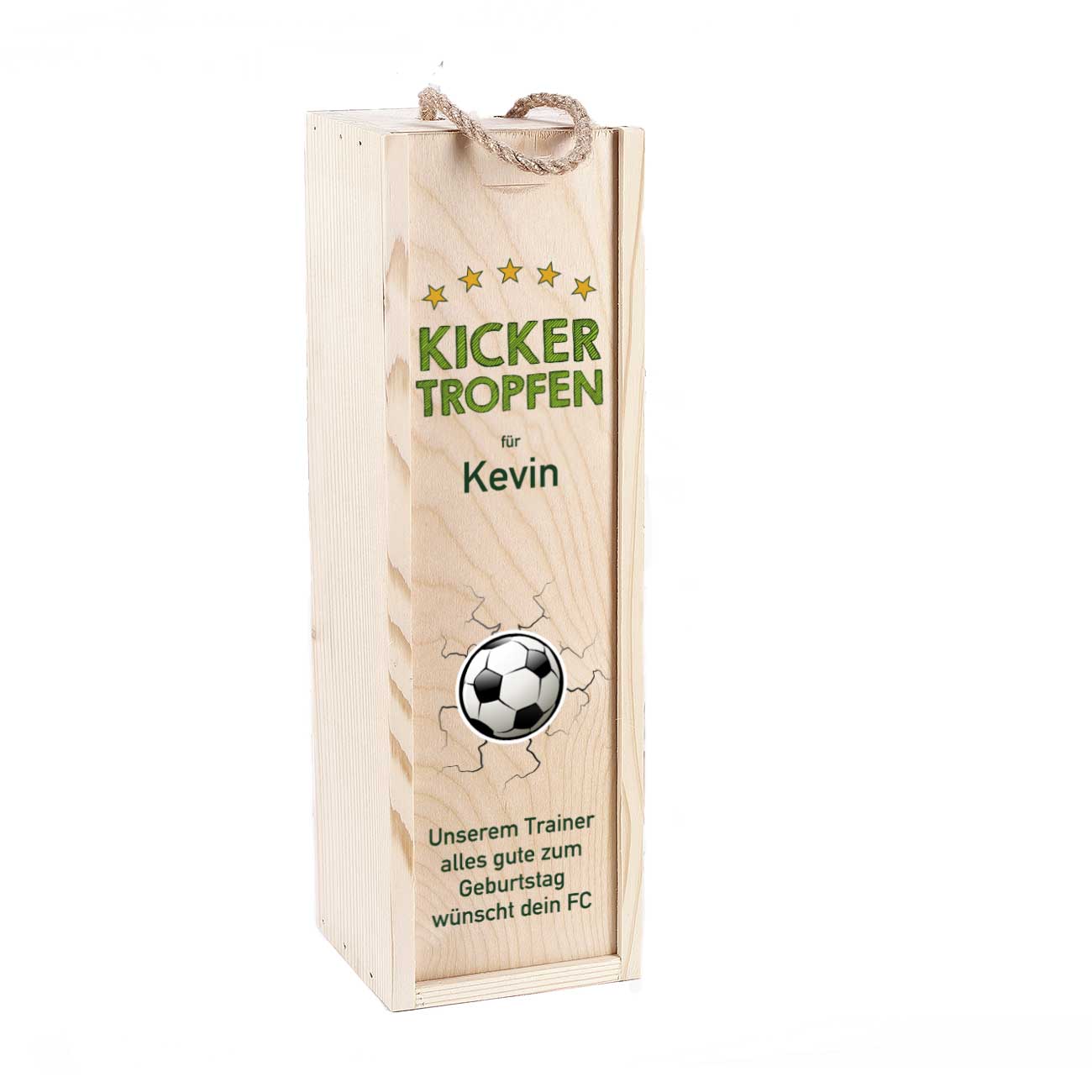 Weinflaschenverpackung aus Holz mit Fußball Motiv, Name und Wunschtext